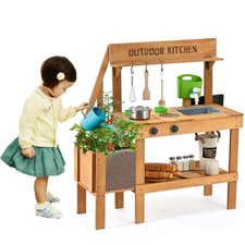 Mud Kitchen for Kids Outdoor, Wood Play Kitchen with Planter Box, Toddler Sin...