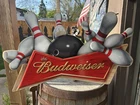Rare Vintage Budweiser Beer Bowling Ball and Pins Metal 2005 Tin Tacker Sign