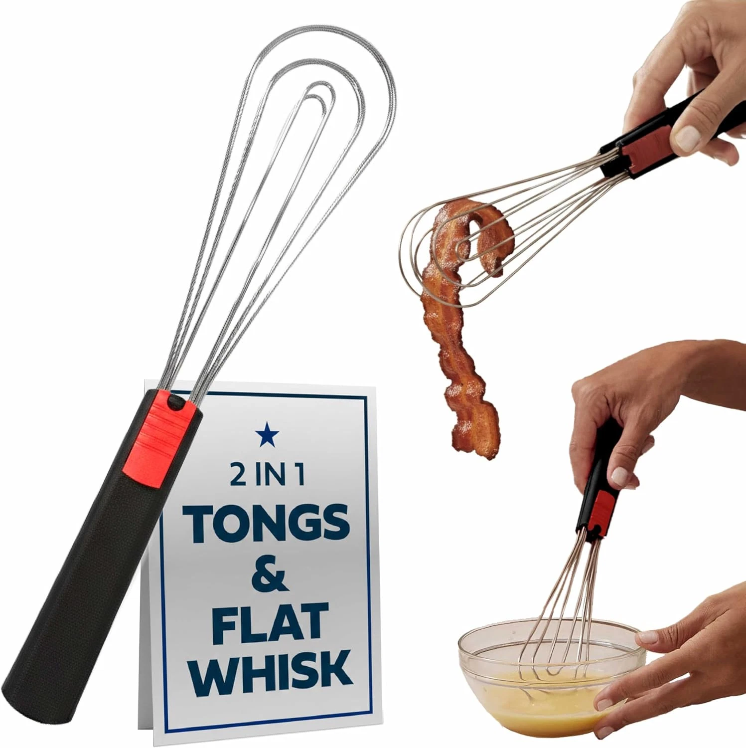 Flat Whisk and Tongs for Cooking – Multipurpose Kitchen Tool for Beating Eggs, S
