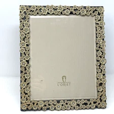 L'OBJET Gold Tone Floral Motif Frame with Faux Pearls and Beveled Glass Rare