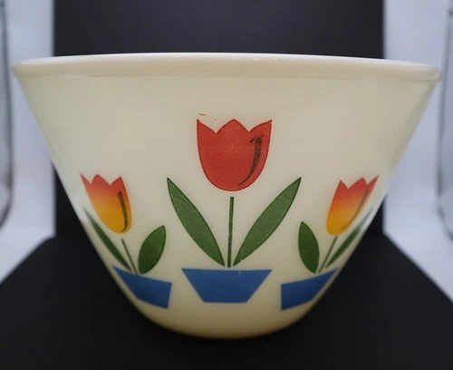 Vintage Kitchen Fire King Tulip Mixing Bowl 8.5" Diameter 5 1/4" Red Blue Green