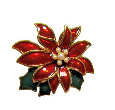 Vintage TALBOTS Poinsettia Flower Holiday Brooch Red & Green Enamel Faux Pearls