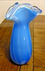 Vintage Handblown Cased Art Glass Vase Blue & White Swirl Murano Style Ruffled