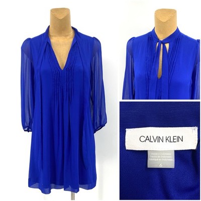 Calvin Klein 6 Medium Royal Blue Chiffon Lined Dress Pintucked Sheer Sleeve