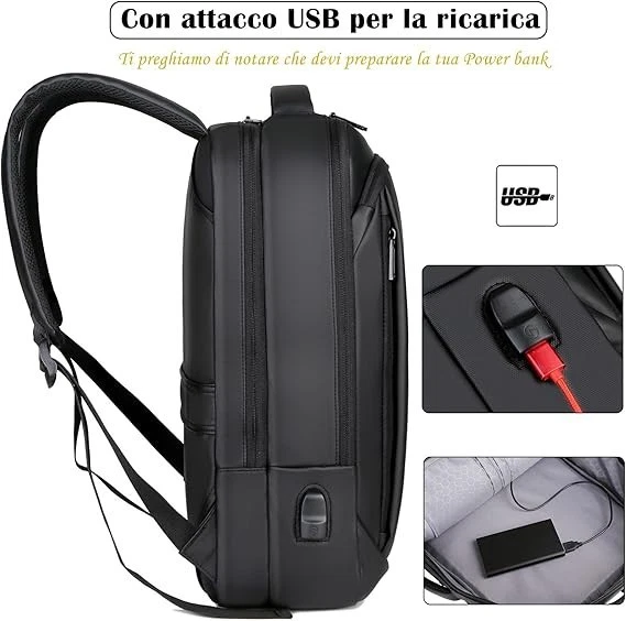 Zaino PC portatile con USB perfetto per ufficio e scuola pratico stilos nero KM1 - Immagine 3 di 4