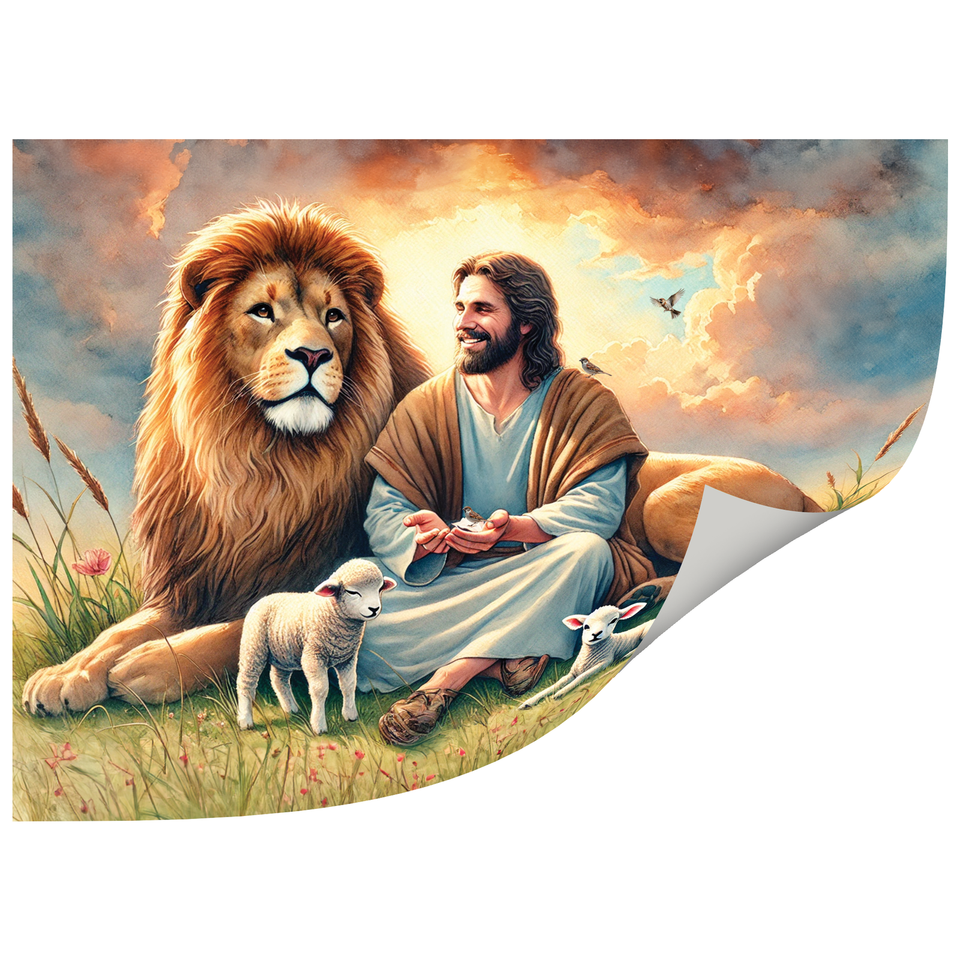 Jesus and Lion Lamb animal Canvas Poster, God Wall Art Canvas Picture