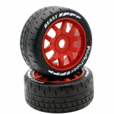 Power Hobby - 1/8 GT Beast Belted Mounted Tires, Soft Compound, 17mm Red Wheels
