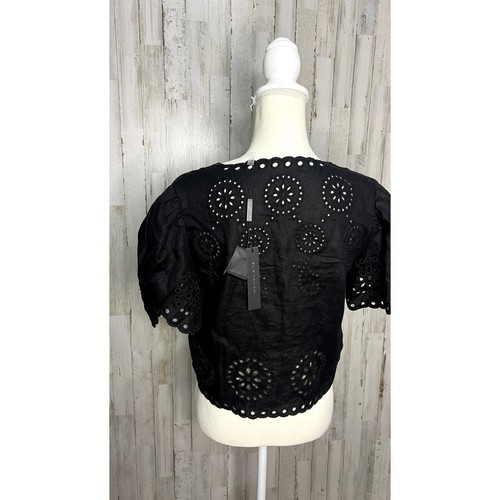 NWT Elie Tahari Women's Small Black Eyelet Lace V-Neck Puff Sleeve Crop Top - Picture 5 of 7