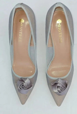 Bigtree Shoes Sz 38 Gray Satin Mesh Evening  Wedding Pointed Toe Heels Pumps 7 B
