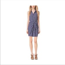 Michael Kors Tie Front Ikat Dress Size 4 Sleeveless Shirt Dress Navy