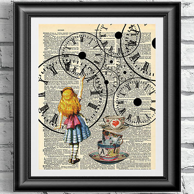 Alice in Wonderland Original Art Print Wall Decor on Antique Page