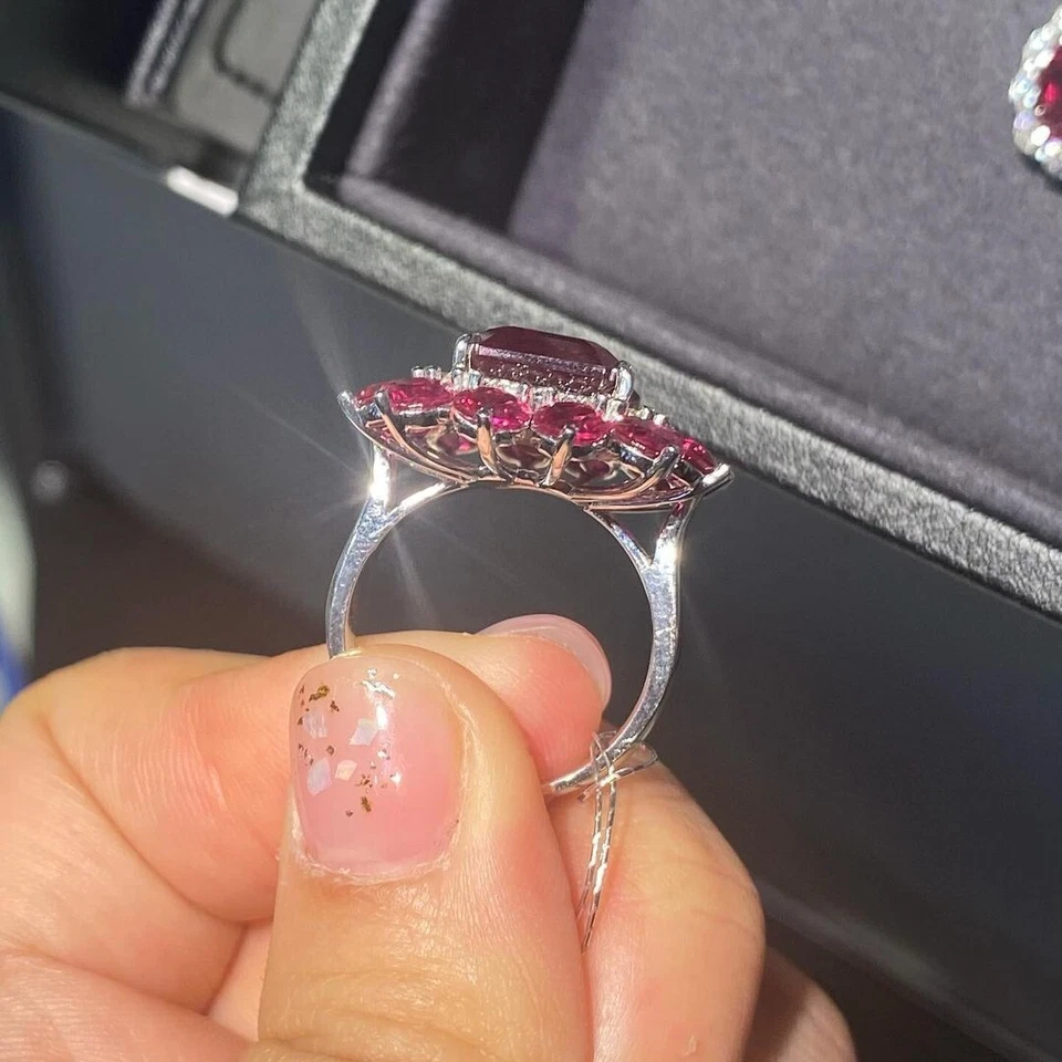 Anillo de boda de diamantes y rubíes naturales de 8,80 quilates de oro blanco sólido de 14 quilates 5 6 7 Foto 2 de 4