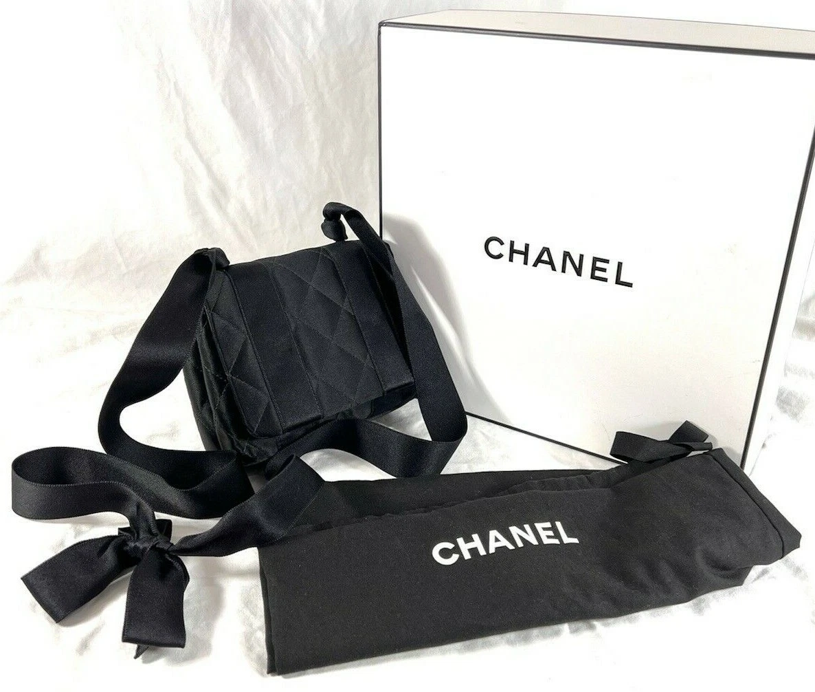 90's CHANEL Mini Black Satin Crossbody Shoulder Bag Made in Italy