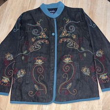 Denim Co Jean Jacket Size Medium Boho Floral Paisley Embroidered Costal Grandma