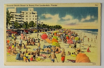 Fort Lauderdale FL Florida Sunny Day Beach Scene Vintage 1951 Postcard A3