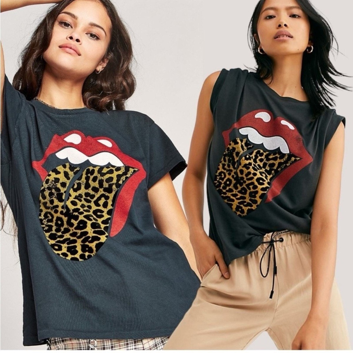 Daydreamer X Free People Rolling Stones Flocked Leopard Tongue Oversized  Tee- XS