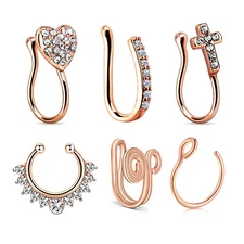 6pcs U-shaped Fake Ring Nose Clip 316L Steel CZ Non Piercing Body Jewerly 16g18g
