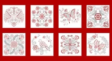 Scarlet Stitches & White Linen Blocks 9 in Squares Cotton Fabric Quilt Panel 