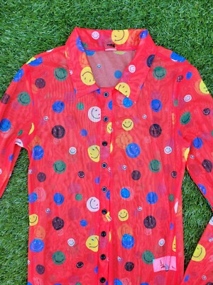 UNIF sheer mesh smiley face button up shirt red XS | eBay
