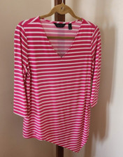 Susan Graver  Knit Tunic Top Asymmetrical Hem Pink White stripe Sz S V Neck