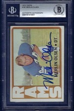 Signed 1972 Topps #181 MERLIN OLSEN (d 2010) Beckett Encapsulated LA RAMS