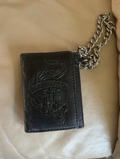 Rare Find/Harley Davidson Willie G Skull Leather Chain Trifold Wallet