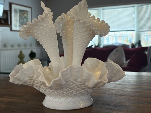 VINTAGE FENTON MILK GLASS DIAMOND LACE HOBNAIL RUFFLED 3 HORN EPERGNE VASE