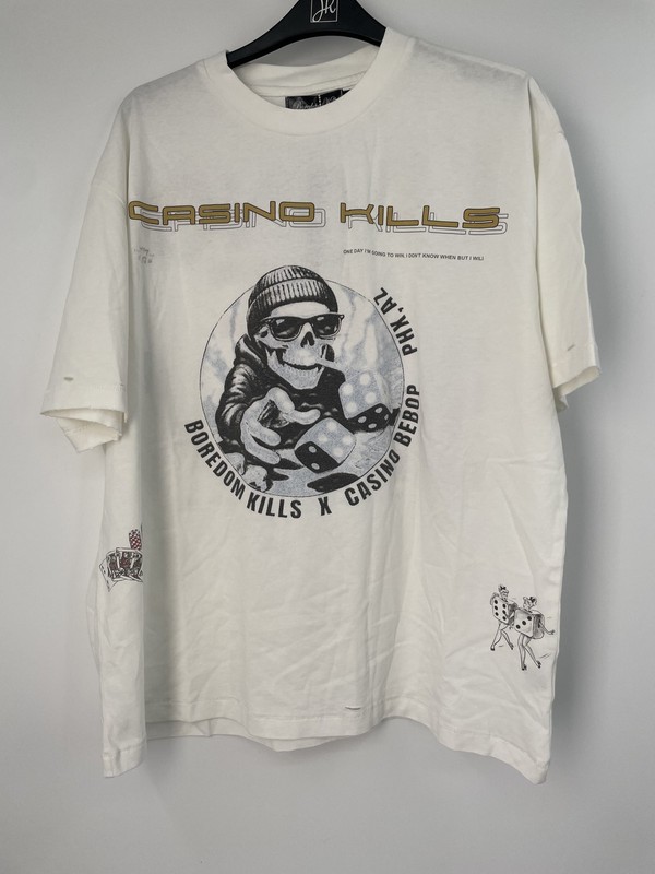 Boredom Kills Mens T-Shirt White Size S Casino Kills Graphic Print Short Sleeve