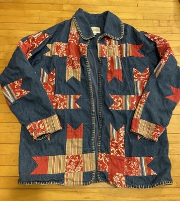 VTG Susan Bristol Cottage Core Quilt Denim Coat Jacket Art To Wear Size Small