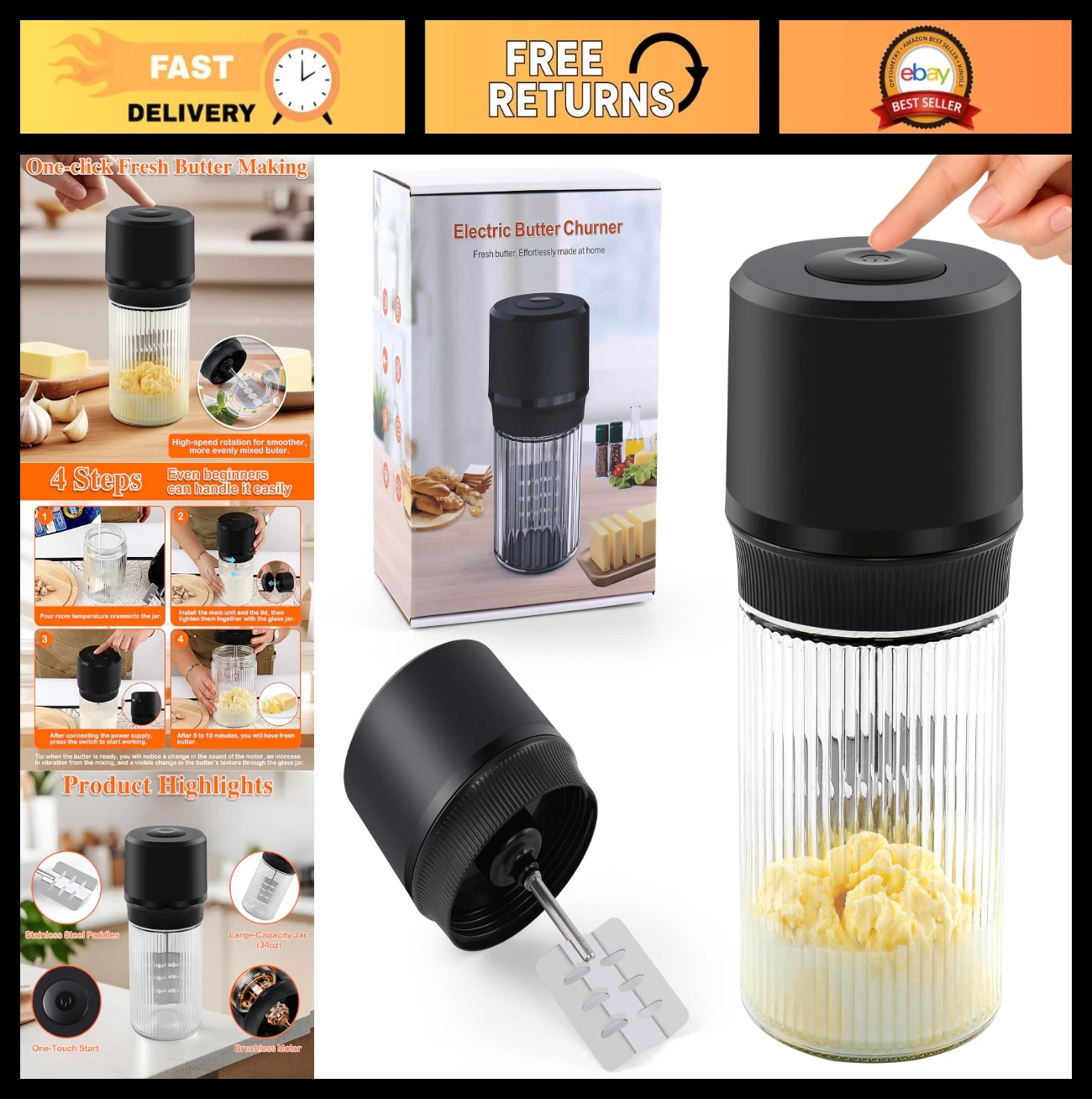 Electric Butter Churn Maker – One-Touch 34oz Glass Jar, Quick 5-10 Min Creamy Bu