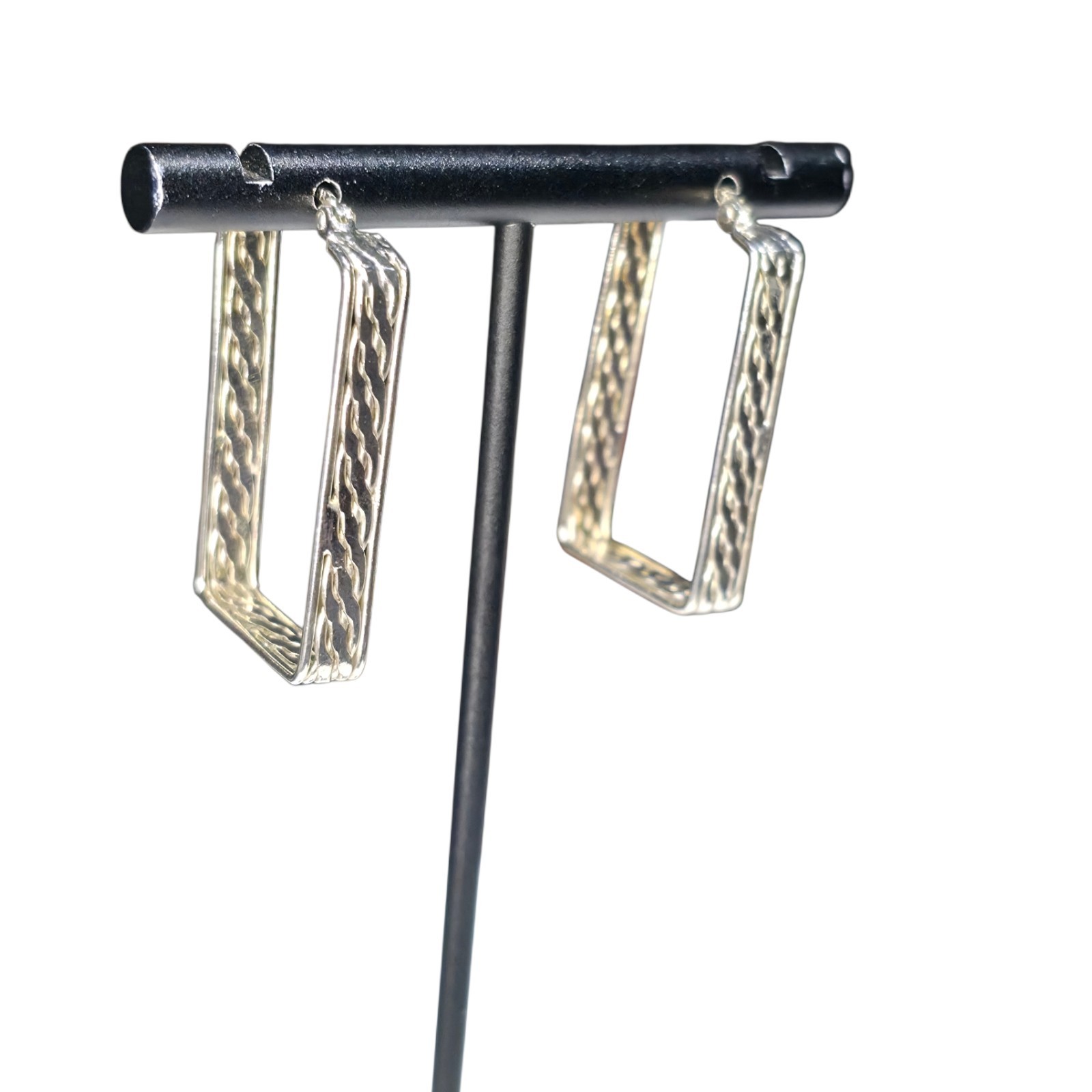 Sterling Silver Rectangular Hoop Earrings 925 Tex… - image 5