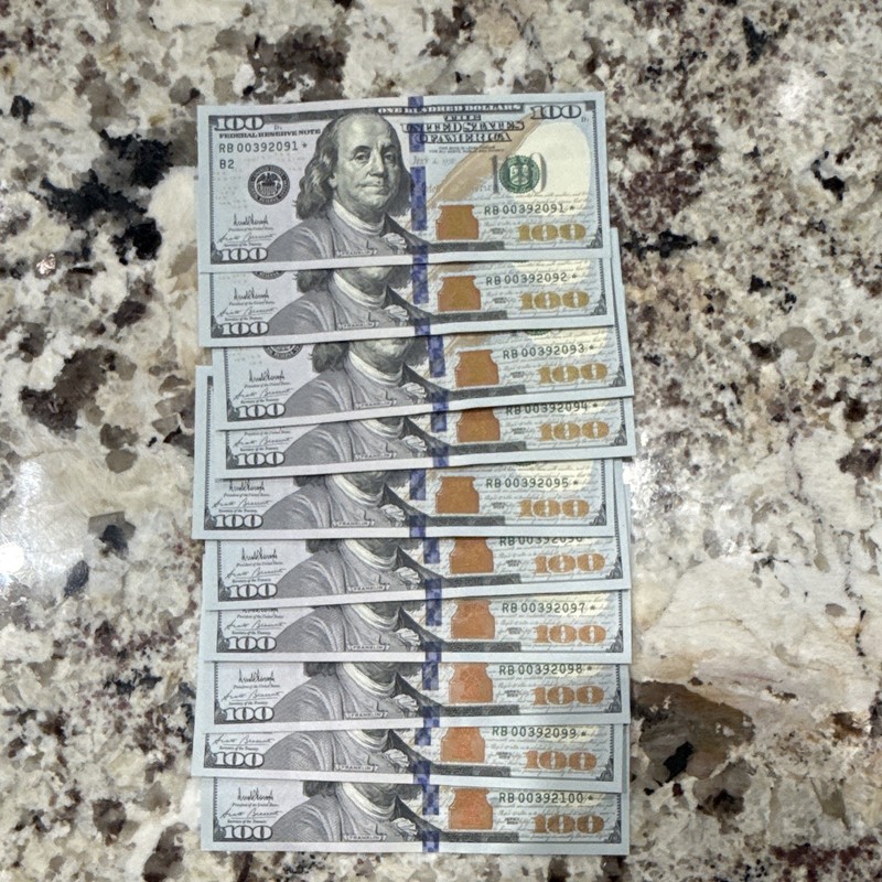 2025 $100 Federal Reserve Note Star Note Serial RB 00392091* to 00392100*
