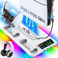 PS5 Stand with Cooling Fan, Headphone Hook  Dual Controller Charging Dock