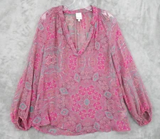 Ella Moss Blouse Womens Small Silk Paisley Sheer V Neck Bohemian Career Pink