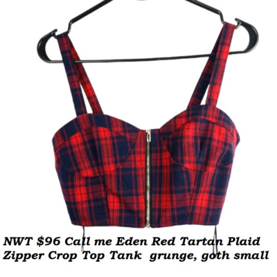 NWT $96 Call me Eden Red Tartan Plaid  Zipper Crop Top Tank  grunge, goth small