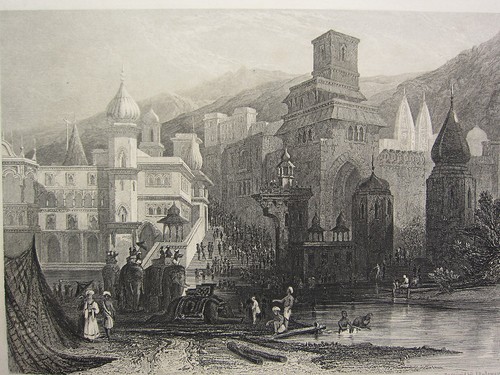 1860 PRINT ~ THE GHAT KURDWAR ~ HINDUS BATHING IN THE GANGES