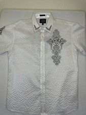 Montero Jeans Mens Button Down White Silver Pinstripe Sz XL Embroidered