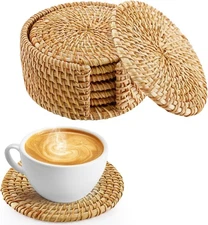 6pcs Natural Handmade Rattan Coasters with Holder - Wicker Drink Coasters Set fo