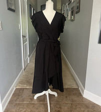Shein Black Solid Wrap Midi Dress V-Neck Flutter Sleeve Ruffle Tie Waist XL