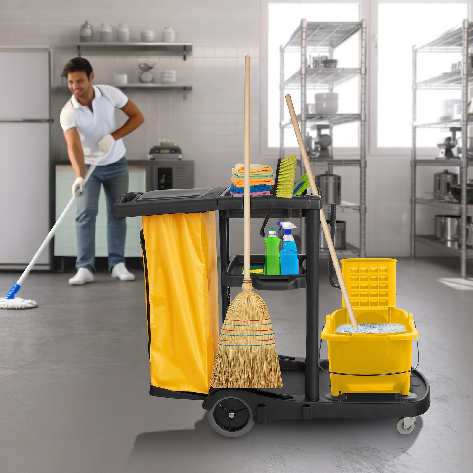 Commercial Janitorial Cleaning Cart Caddy with Cover - Shelves, Vinyl Bag, Black