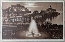 Vintage postcard, illuminated fountain and pier, Eastbourne, postmarked 1956
