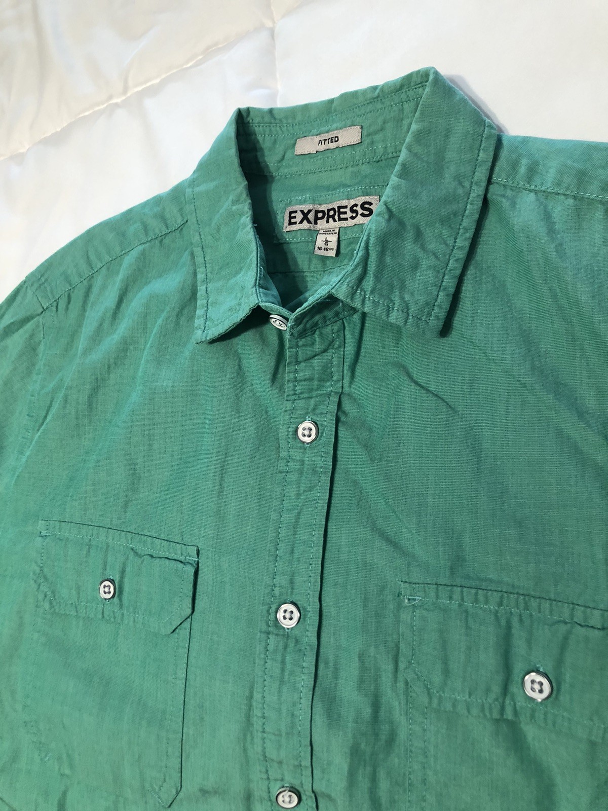 Express Green Fitted Button Down Short Sleeve Shi… - image 1