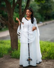 White Habesha Dress  Multicolor Design  Elegant Traditional Kemis