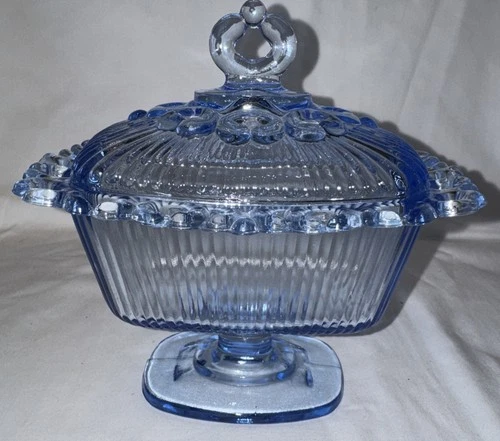 Vintage Indiana Glass Lt Blue Oblong Lace Edge Pedestal Candy Dish