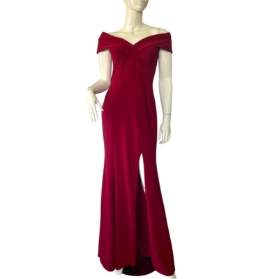 Xscape cuff neckline off the shoulder jersey sheath gown guest wedding  dress