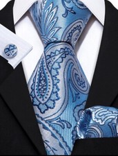 Light Blue  Gray Paisley Necktie, Hanky, and Cufflinks