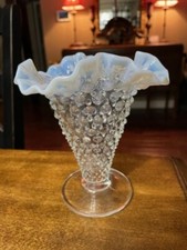 Vtg.Fenton 5.5" White Hobnail Fluted Ruffled Opalescent Footed Vase