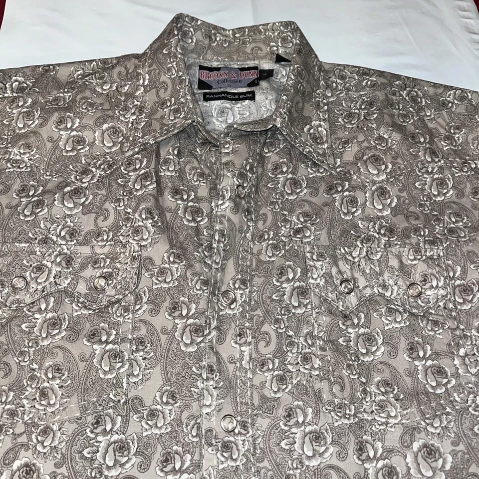 Camisa Brooks Dunn Panhandle Delgada Perla A Presión GRIS ROSAS FLORALES Western Rodeo Para Hombres Foto 3 de 4