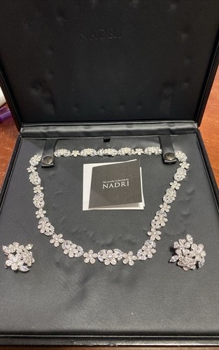 Nadri Pave Crystal “Jewelry Collection”Necklace Floral Cluster Clip Earrings Box