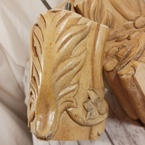 VTG Carved Block Wood Finished Blonde 4 Furniture Legs Screw On Floral/Palm 5" - Picture 7 of 9